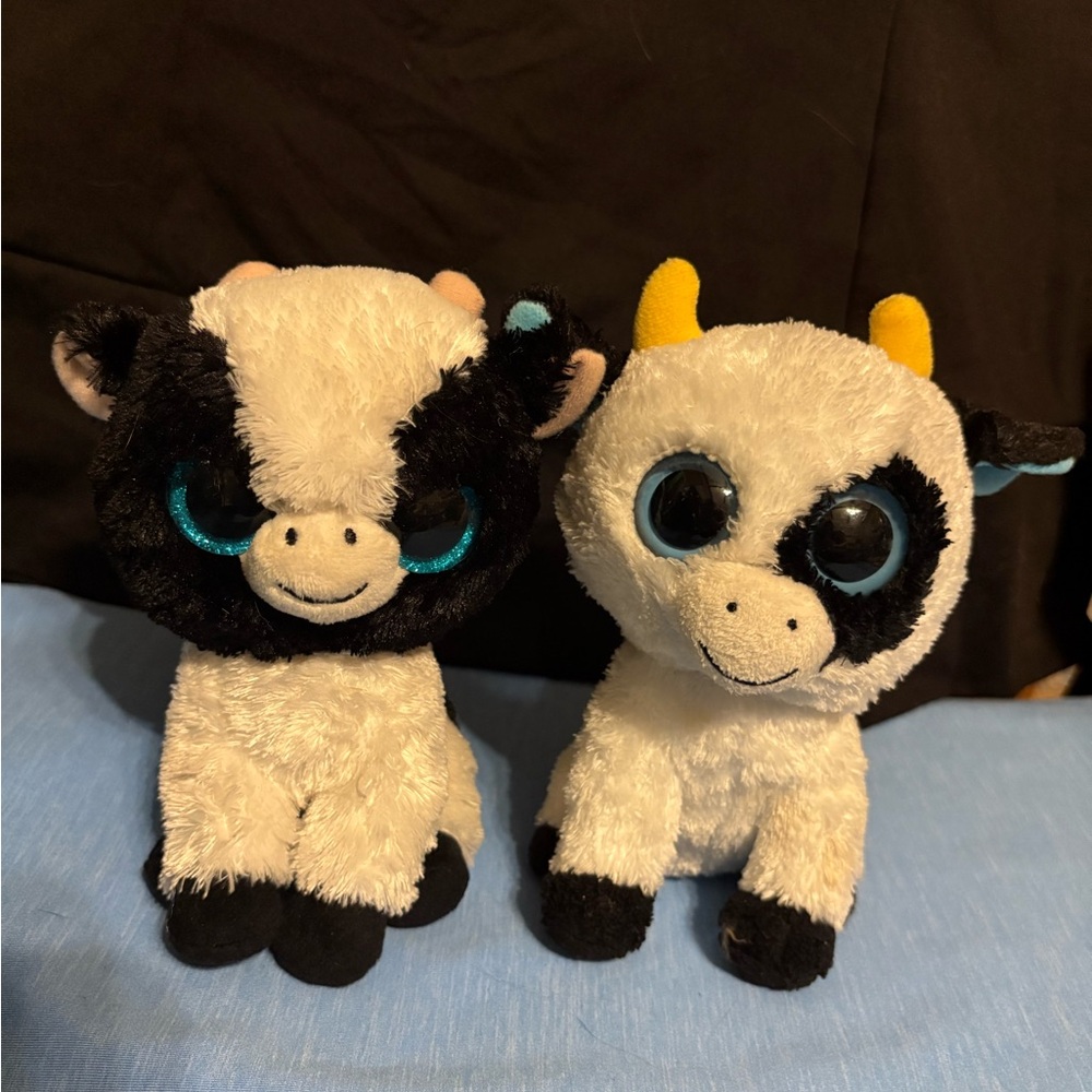 Ty Plush Cow Pair - Black, White, and Yellow